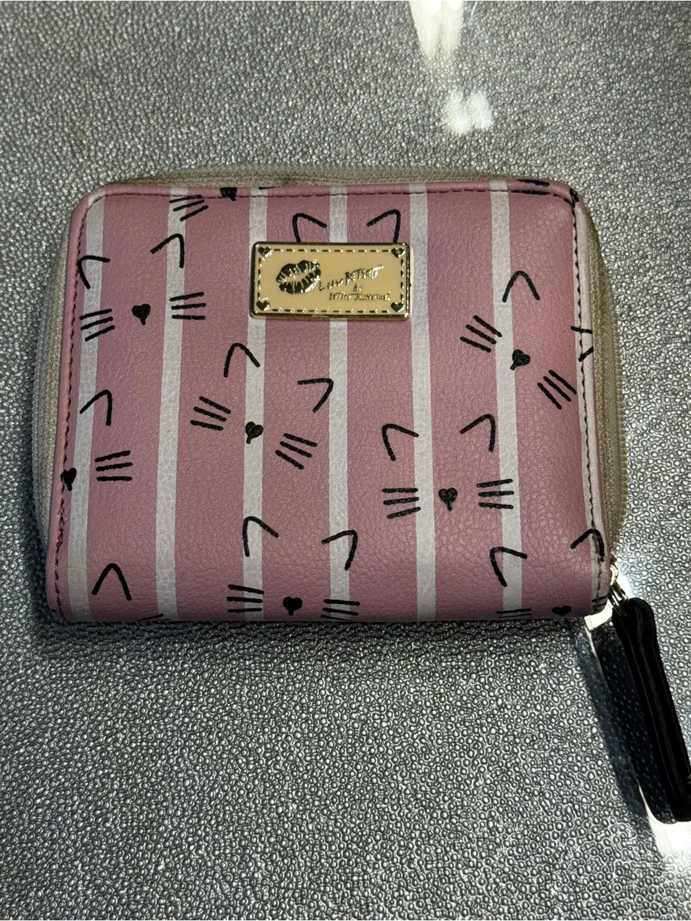 Betsey Johnson Pink Striped Cat-Face Zip Wallet